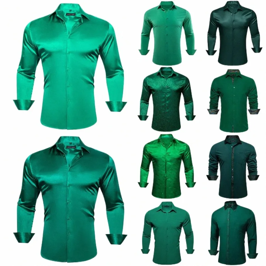 Camicie firmate da uomo in raso di seta verde scuro verde acqua tinta unita manica Lg colletto rovesciato camicette maschili top slim fit Barry Wang h7ki #