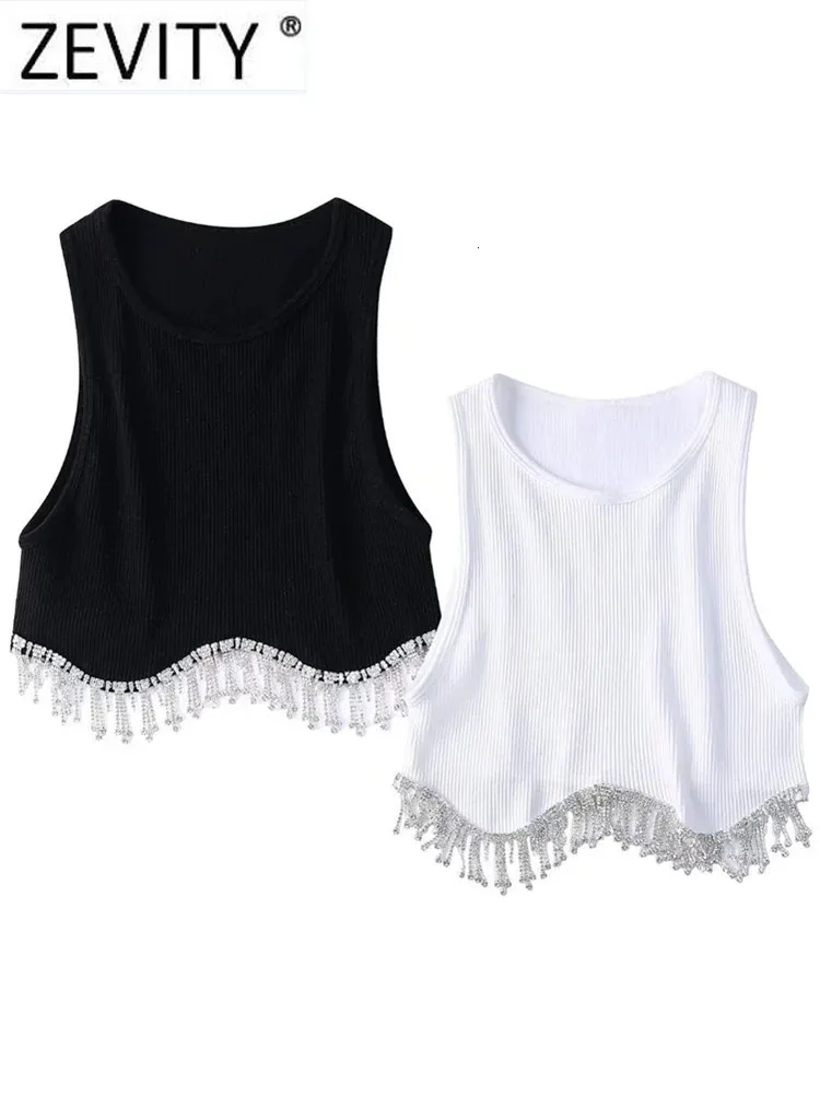 Zevity Women High Street Sexig Hem Tassel Diamond Beading Knitting T Shirt Chic Short Camis Tank Lady Slim Crop Vest Tops LS1311 240307