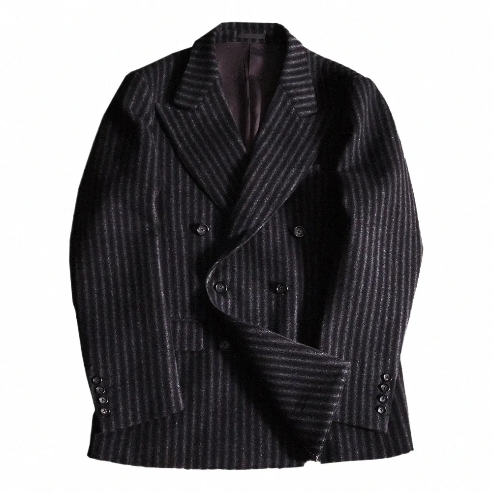 Veste de costume à double boutonnage en tweed à rayures pour hommes Blazer américain classique élégant ensemble de mariage pour hommes Dr Male Vêtements B49w #