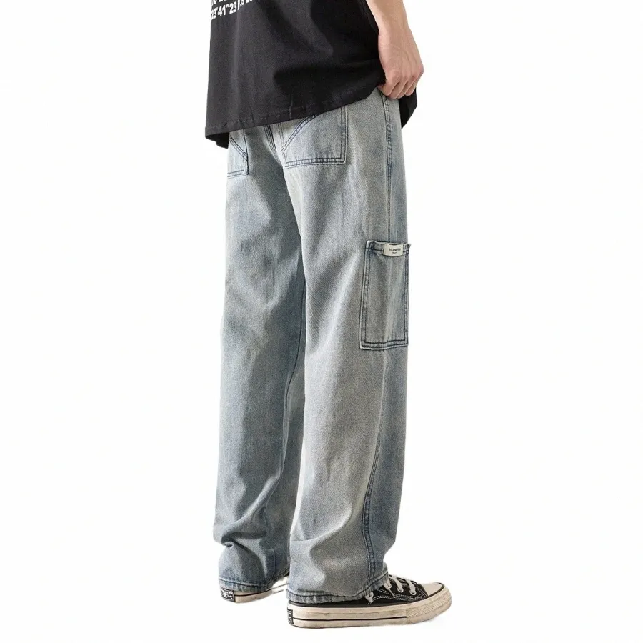 loose Street Style Straight Cargo Pants Jeans Men Fi Brand Wide Leg Overalls Retro Trend Leisure Youth Denim Baggy S3gY#