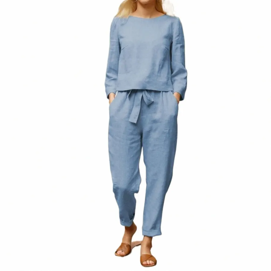 byxuppsättningar för kvinnor 2 stycken solid färg stig linne lös topp dragkammare stan linne lg byxor set outfits jumpsuit party s7f4#