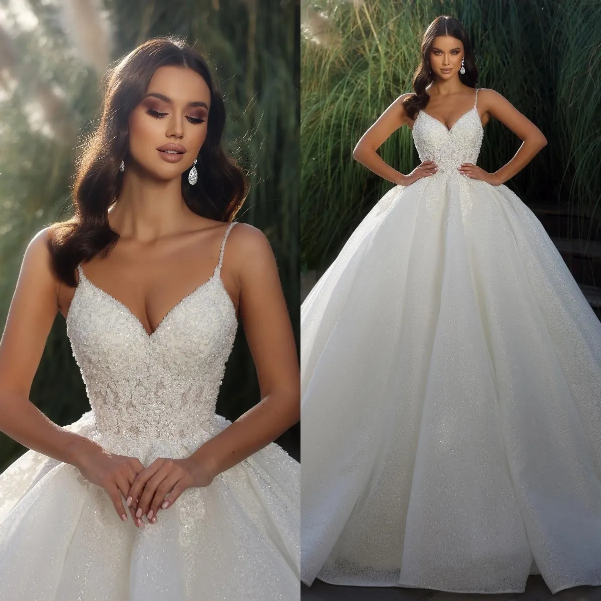 Fabulous crystal ball gown Wedding Dress for bride spaghetti beading lace wedding dresses Dubai sweep train ruffle Qatar Bridal gowns