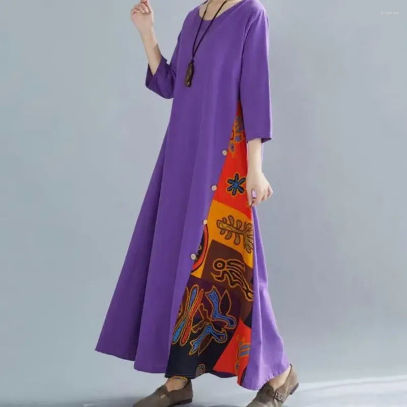 Casual Dresses Maxi Dress Stylish Retro Printed For Women Colorful Button Decor A-line Summer With Three Quarter Sleeves A