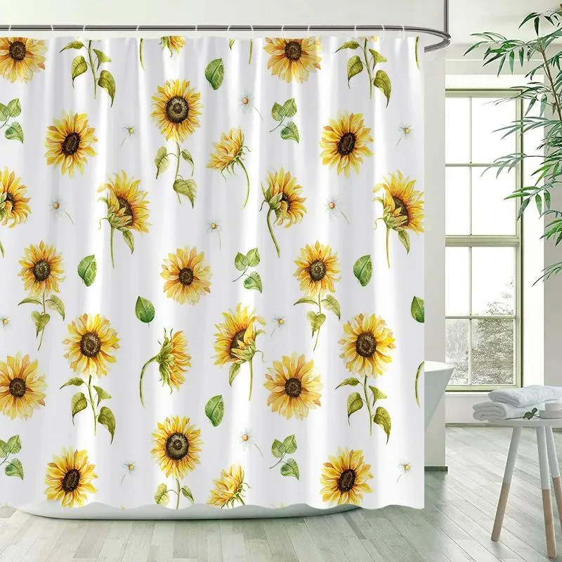 Rideaux de douche tournesol rustique fleur jaune feuilles vertes plante rideau de bain floral tissu polyester décor de salle de bain avec crochets