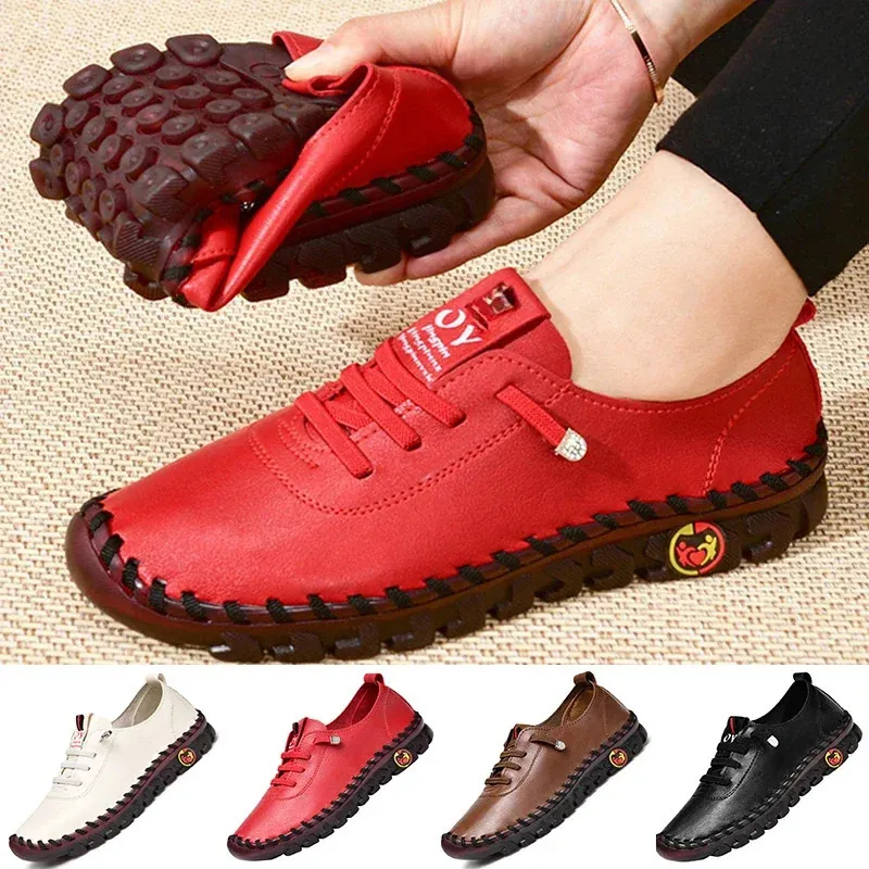 Women Sneakers Summer Pu Leather Platform Loafers Lace Up Comfort Flat SlipOn Mom Shoes Plus Size Mujer Zapatos Chaussure Femme 240312