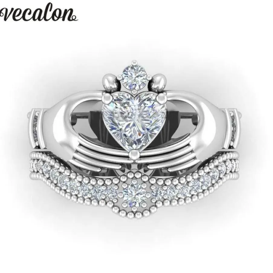 Wedding Rings Vecalon Luxury Lovers Claddagh Ring 1ct 5A Zircon Cz White Gold Filled Engagement Band Set For Women Men288L