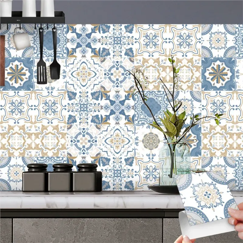 Adesivos 24 peças de estilo europeu flor tijolo adesivos de parede cozinha banheiro à prova d' água papel de parede à prova de óleo