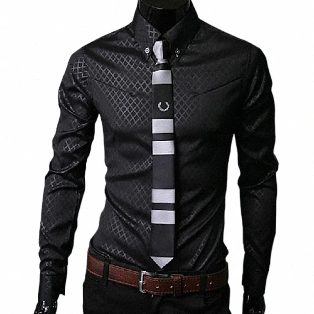 Heren Shirt Mannen Argyle Luxe Gestreepte Stropdas Slim Fit Busin Shirt Herfst Lg Mouw Casual Shirt Mannelijke Merk Kleding chemise J2j1 #