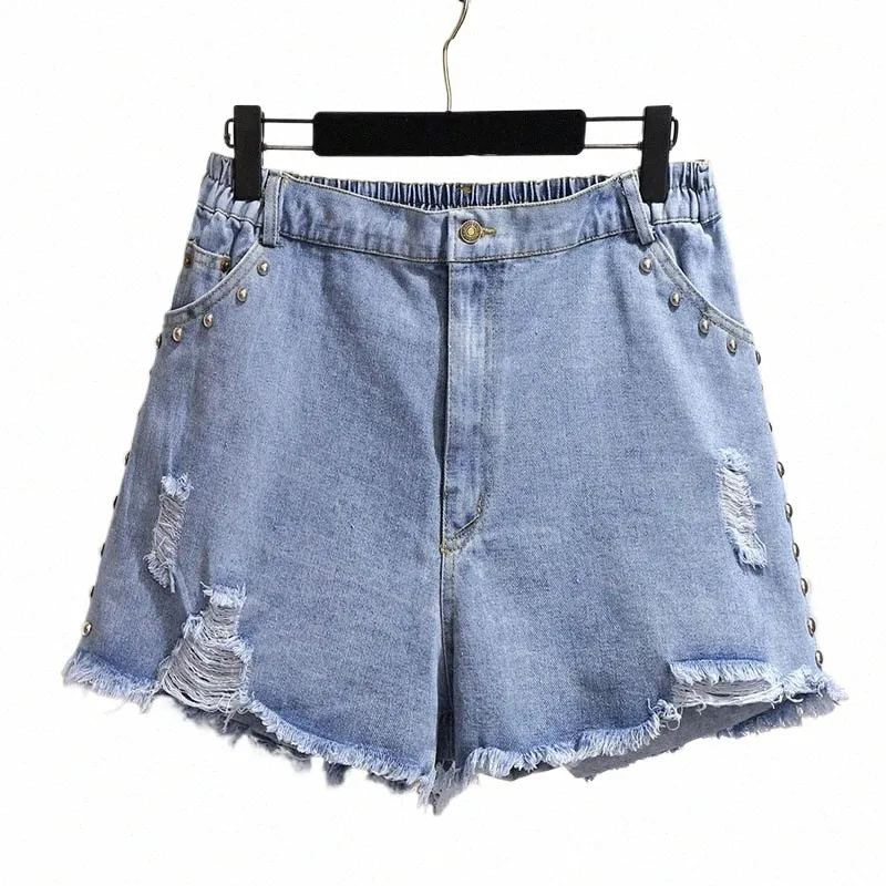 150kg Plus Taille Femmes Summer Loose Denim Shorts Déchiré Perlé Droite Pantalon à jambes larges Bleu Hanche 154cm 5XL 6XL 7XL 8XL 9XL j37F #