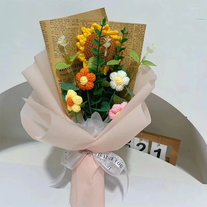 Flores decorativas acabadas de malha girassóis artificiais mão crochê buquê criativo dia dos namorados presentes de formatura de aniversário