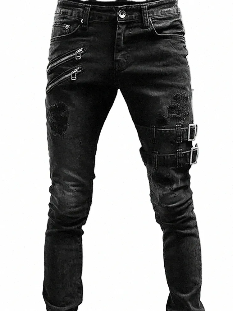 heren gescheurde skinny jeans slim fit gat potlood broek casual bikerbroek streetwear hoge kwaliteit denim man kleding m0DU #