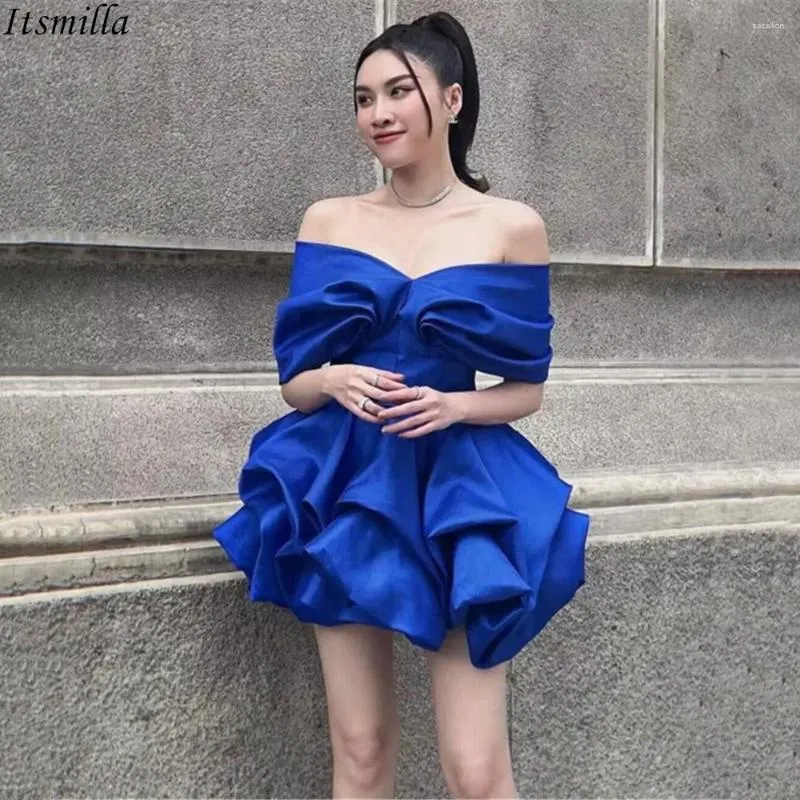 Royal Blue Satin Off-the-Shoulder Cocktail Dress Puffed Mini