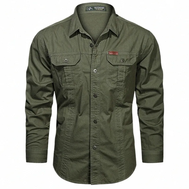 Nouveau style militaire d'automne chemise de poche en coton pour hommes couleur unie mince marque décontractée vêtements hommes chemises à manches lg 5XL a9OW #