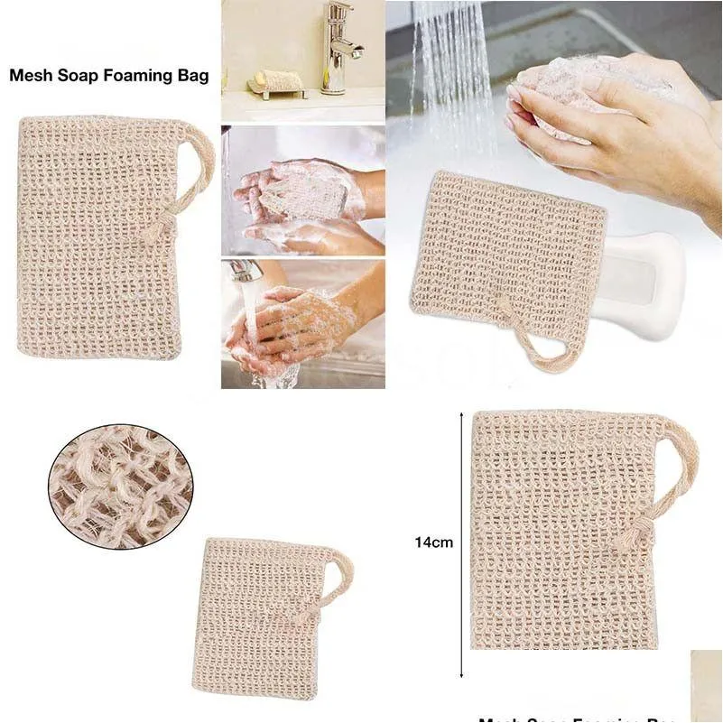 Badborstels Sponzen Scrubbers Natuurlijk exfoliërend gaas Zeep Saver Sisal Bag Pouch Houder voor douche Schuimen en drogen Da647 Drop Del Otk7X