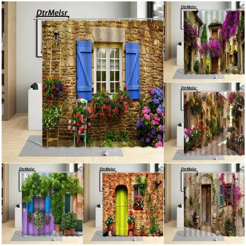 Shower Curtains Italian Street Flower Curtain Retro Brick Blue Window Plant Nature Scenery Print Garden Wall Hanging Cloth Bathroom Decor