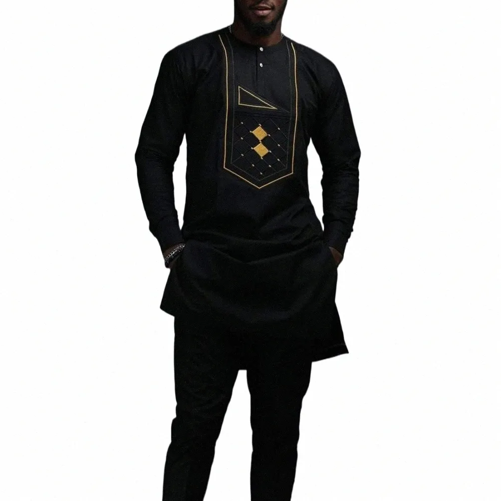 African Traditial Outfit Diki Schwarz Boubou Elegante Anzüge für Männer Neue 2 Stück Luxusmarke Kleidung Volle Hose Sets Männlich Diki l7gy #