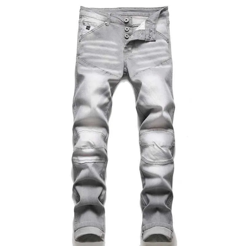 Jeans voor heren Lente en herfst Nieuwe Europese en Amerikaanse jeans met gatenstiksels voor heren, puur grijs, elastisch, ultradunne potloodbroeken, kleding in motorfietsstijl J240328