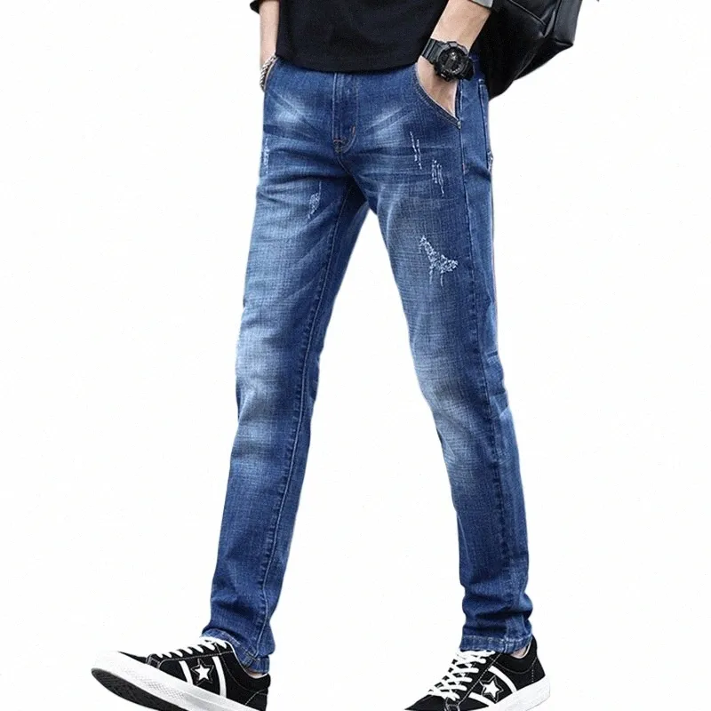 Jeans pour hommes faciles à assortir Été Automne Élastique Slim Fi Jeans de marque coréenne B3Zj #