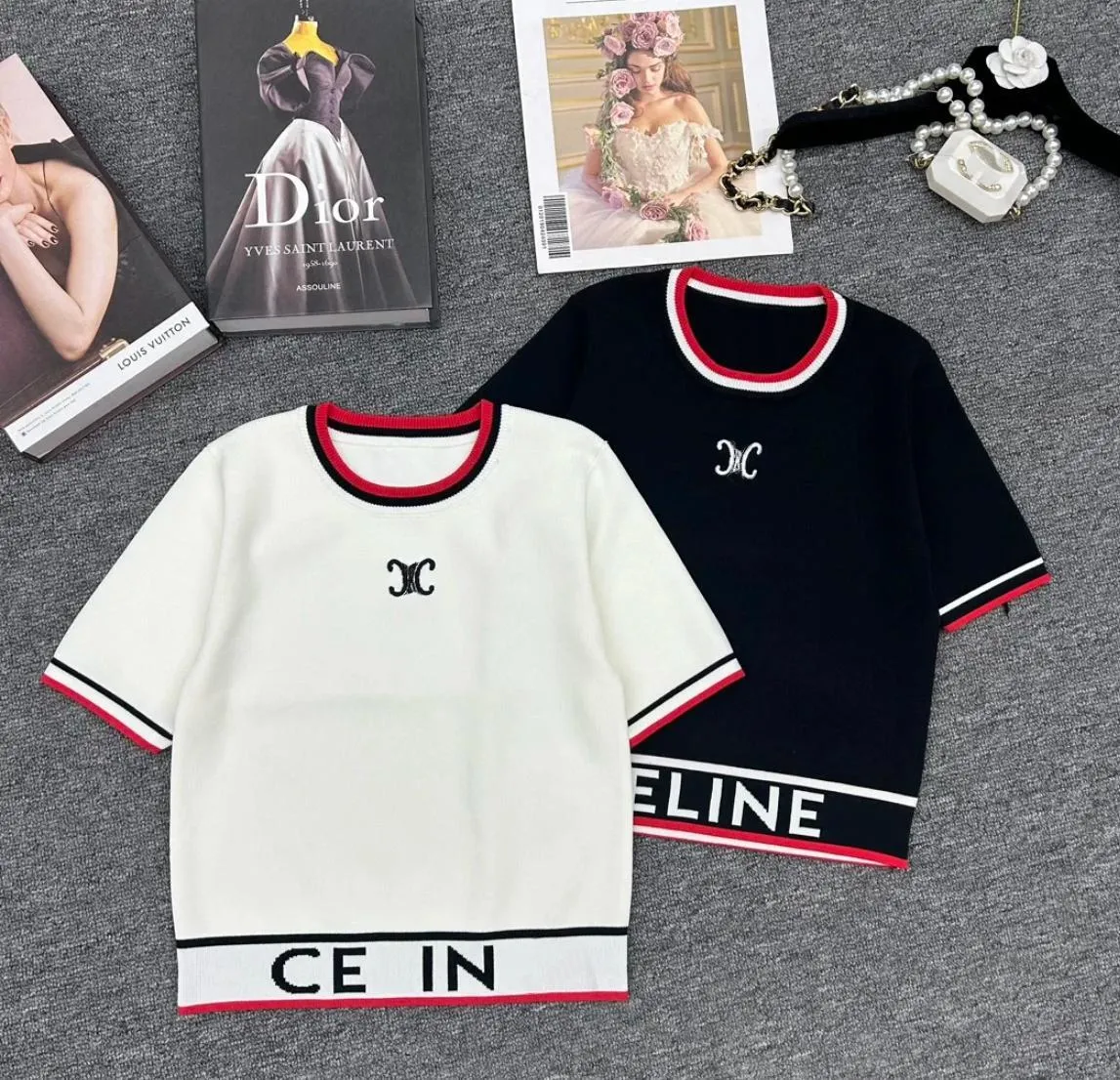 designer clothes women tops women t shirt cellin 2024 New Letter Embroidered Short Knitted Wide edged letter logo design at the hem Cuff stripe color blocking