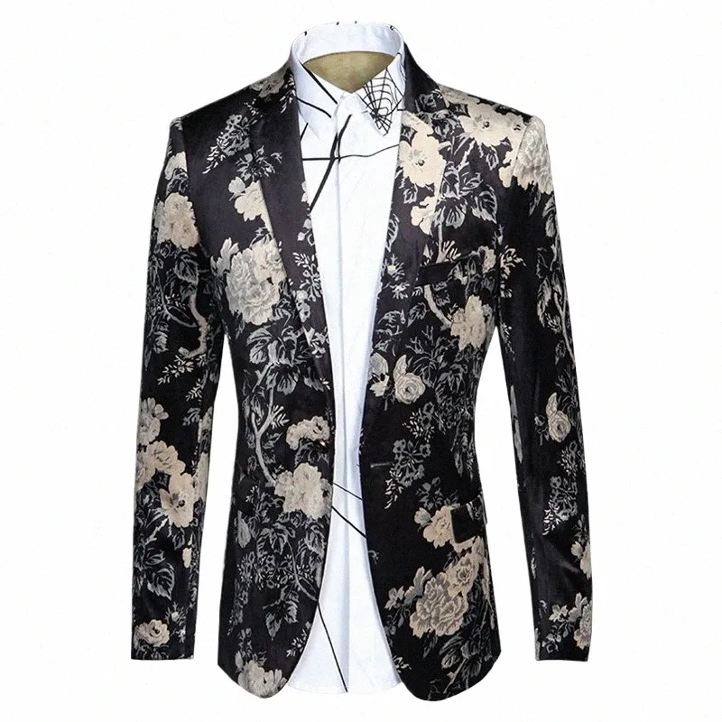 Giacca da uomo con stampa floreale Giacca monopetto formale Busin Suit Slim Fit con intaglio Abito da cerimonia nuziale Plus Size Veet Blazer 26Nq #