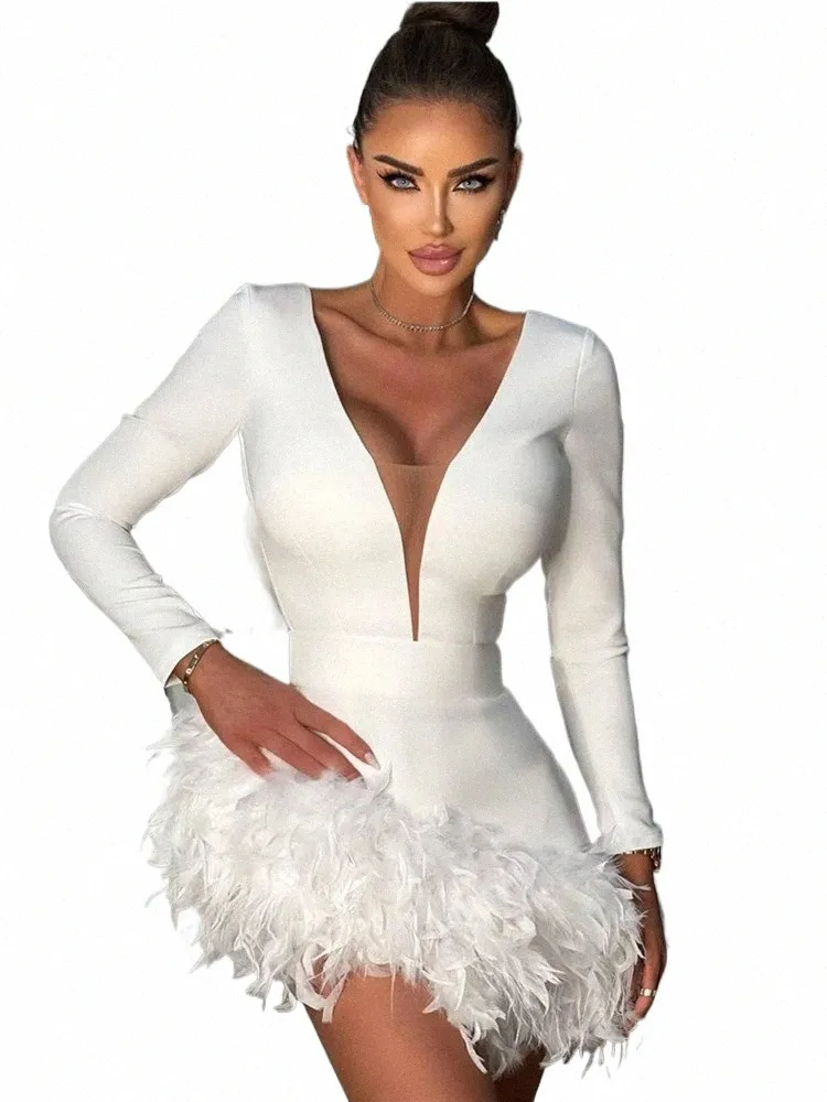 Winter Fi Vrouwen Sexy V-hals Lg Mouw Veer Zwart Wit Mini Bandage Dr 2023 Elegante Avond Club Party Dr z47t #