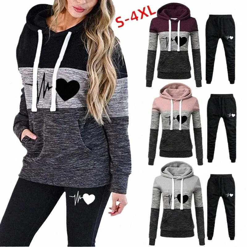 Nieuwe Liefde Print Trainingspak voor Vrouwen Kleding Tweedelige Set Hoodie Sweatshirt Top en Broek Casual Ensemble Femme Suits f1Yi #