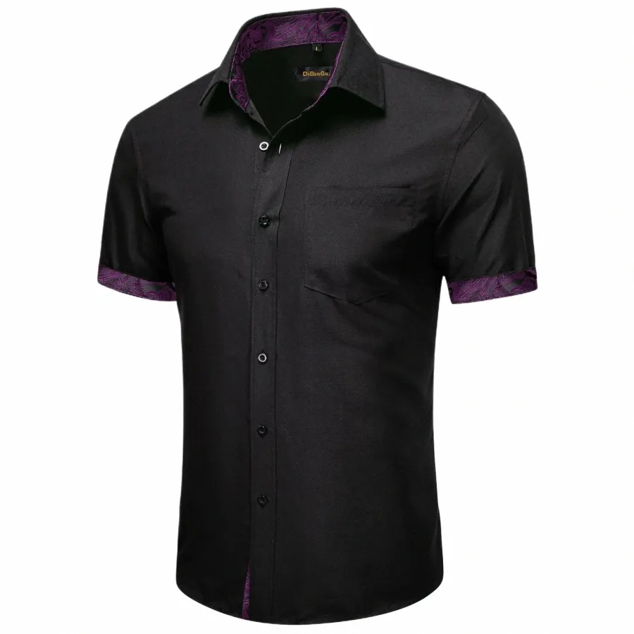 2023 New Black Purple Solid Cott traspirante uomo manica corta camicie estive Busin Regular Fit camicetta Top camicia hawaiana e3pS #