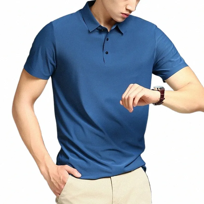 estate uomo polo nuovo risvolto tinta unita seta ghiaccio allentato manica corta t-shirt uomo golf polo casual top uomo abbigliamento F8sb #