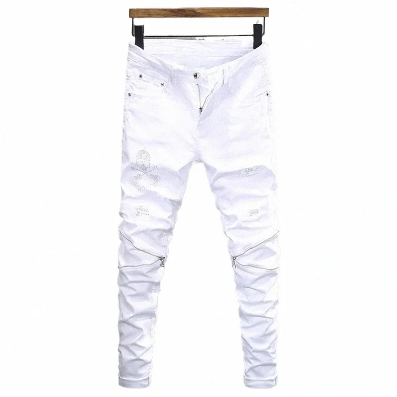 Street Fi Men Jeans White Elastic Stretch Skinny Ripped Jeans Men Skull Designer Zipper Patched Hip Hop Punk Pants HOMBRE K65K#