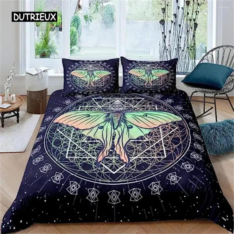 Bedding Sets Gothic Moth Duvet Cover Butterfly Geometric Halloween For Boys Girls Teens Mystic Fantasy Dorm Decorative Navy Blue