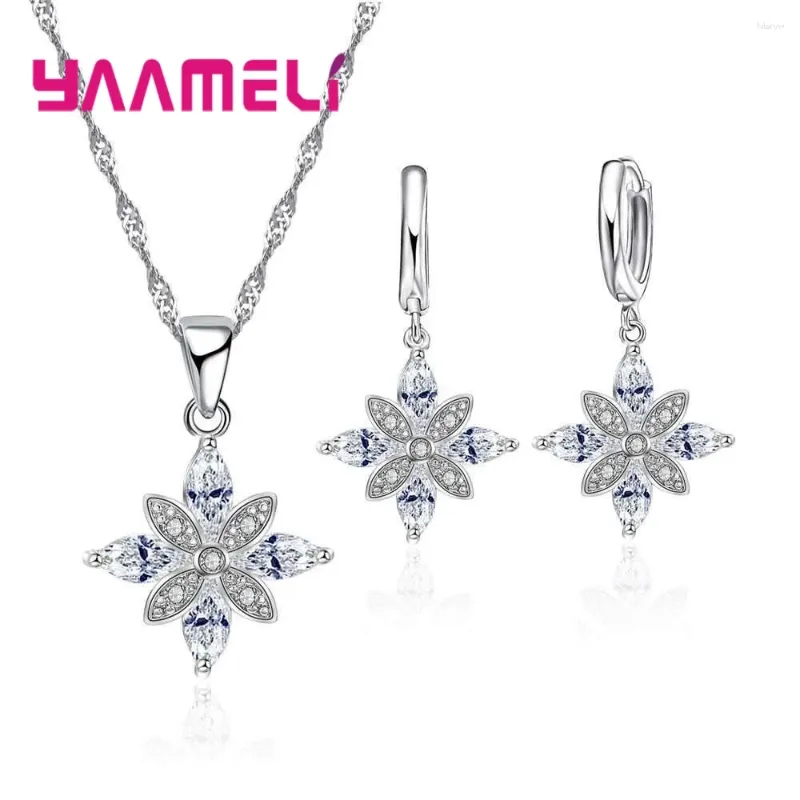 Necklace Earrings Set Romantic Bridal Wedding 925 Sterling Silver Pretty Flowers With High Quality Cubic Zircon Women Accessories