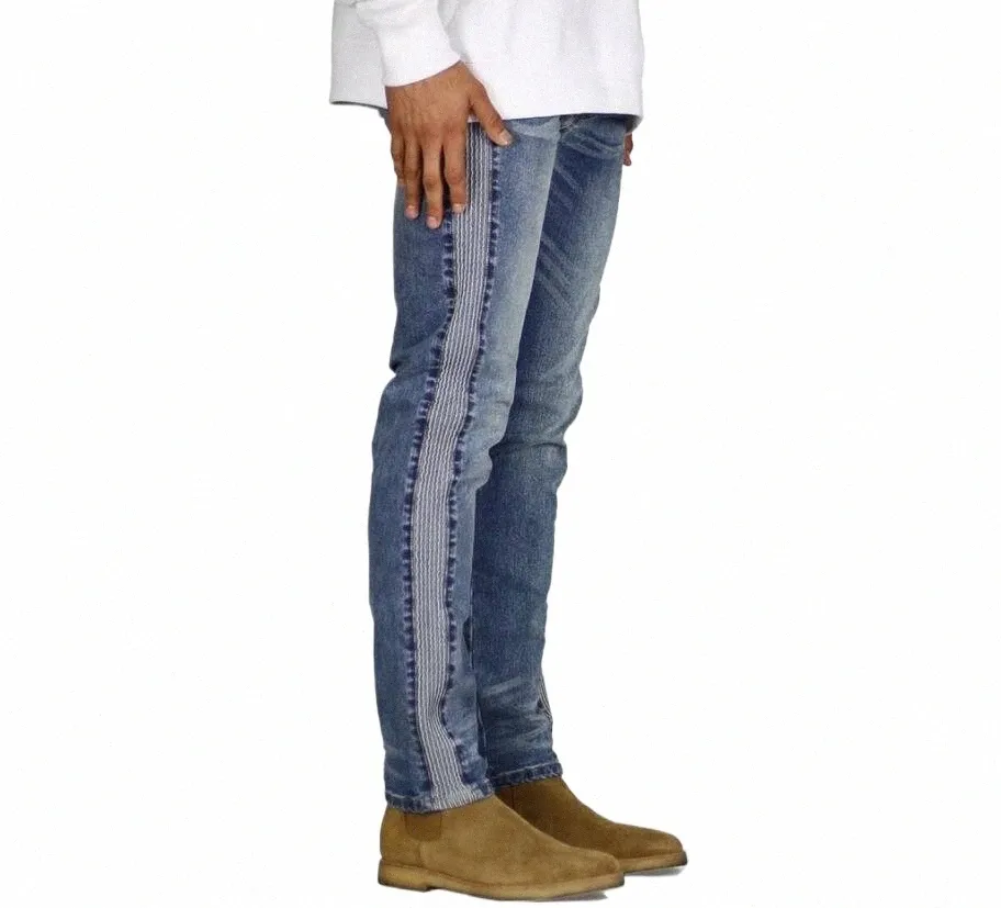 Erkekler pamuklu karışım sıska elastik denim kot pantolon fi gündelik yan şerit hip hop jeans k6ja#