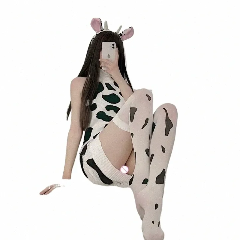 cos cow cosplay costume piga anime flicka backl underkläder turtleneck tröja japanska söta kläder lolita uniform med strumpa 96zk#