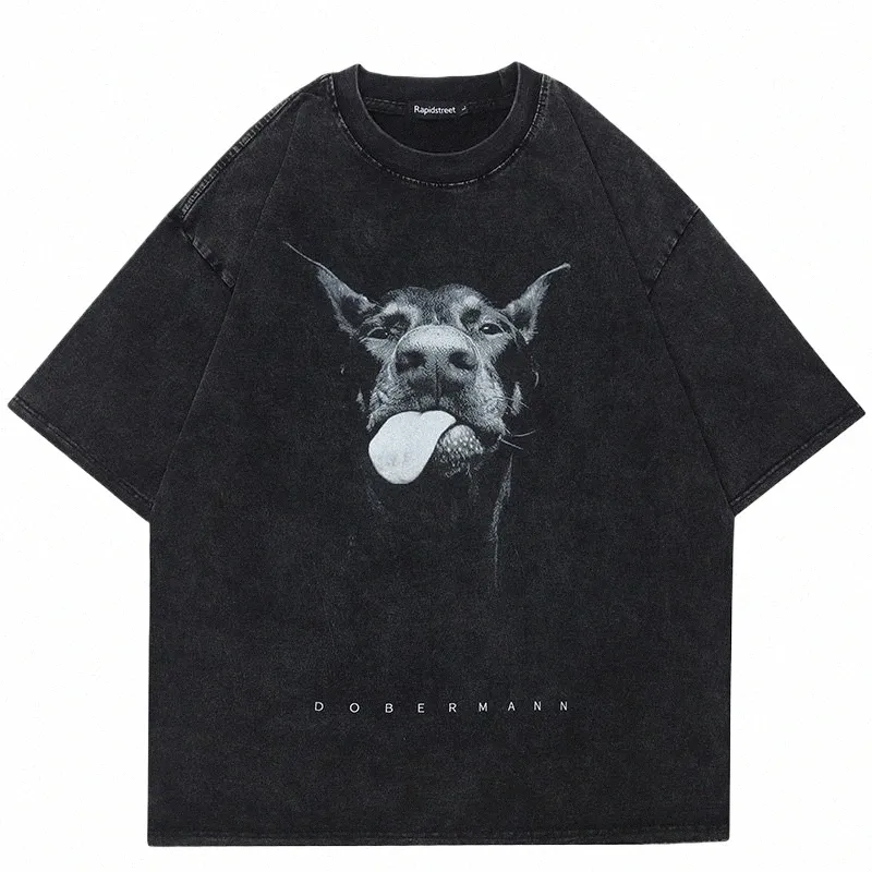 Hommes Hip Hop surdimensionné mer noir T-Shirt Streetwear Doberman chien graphique T-Shirt Harajuku Cott ample été T-Shirt Hipster 754I #