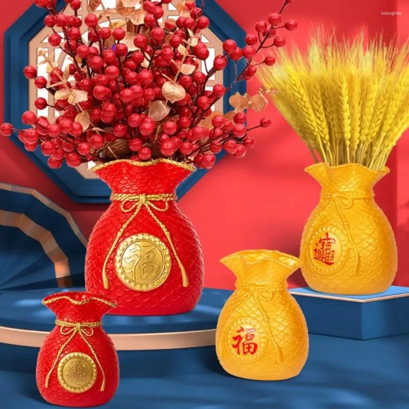 Vases en plastique pour faire fortune, sac béni, arrangement de fleurs jaunes, décoration de Festival rouge, année chinoise