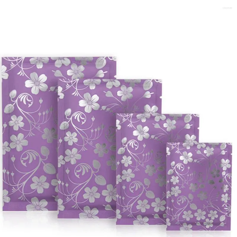 Sacs de stockage 100pcs / lot violet fleur imprimé ouvert top mylar sac chaleur joint sous vide déchirure encoche alimentaire moulu grain de café sachet de thé sachets