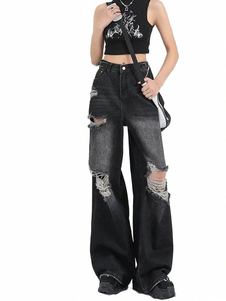 Damen Schwarze Jeans Y2k Vintage Baggy Cowboy Hose Harajuku High Waist Denim Hose 90er Jahre Try Emo 2000er Trendige Gothic Kleidung 26rU #
