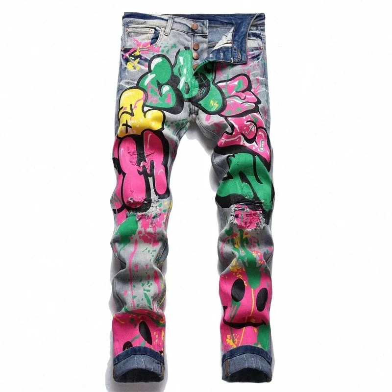 uomini colorati doodle dipinti jeans jeans jeans streetwear punk elasting pantaloni da stampa in denim pozzo vola di pantaloncini strappati
