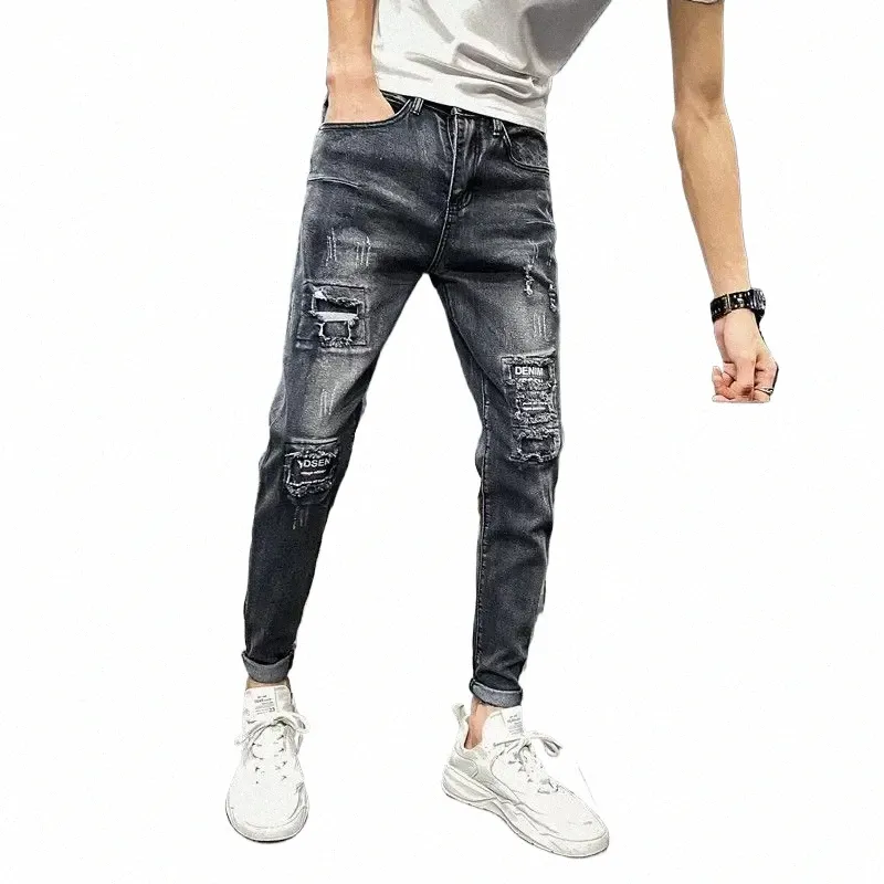 Брюки Рваные джинсы для мужчин Готические Узкие узкие мужские ковбойские брюки Труба Slim Fit Сломанные рваные с дырками Тренд 2024 Высокое качество j62U #