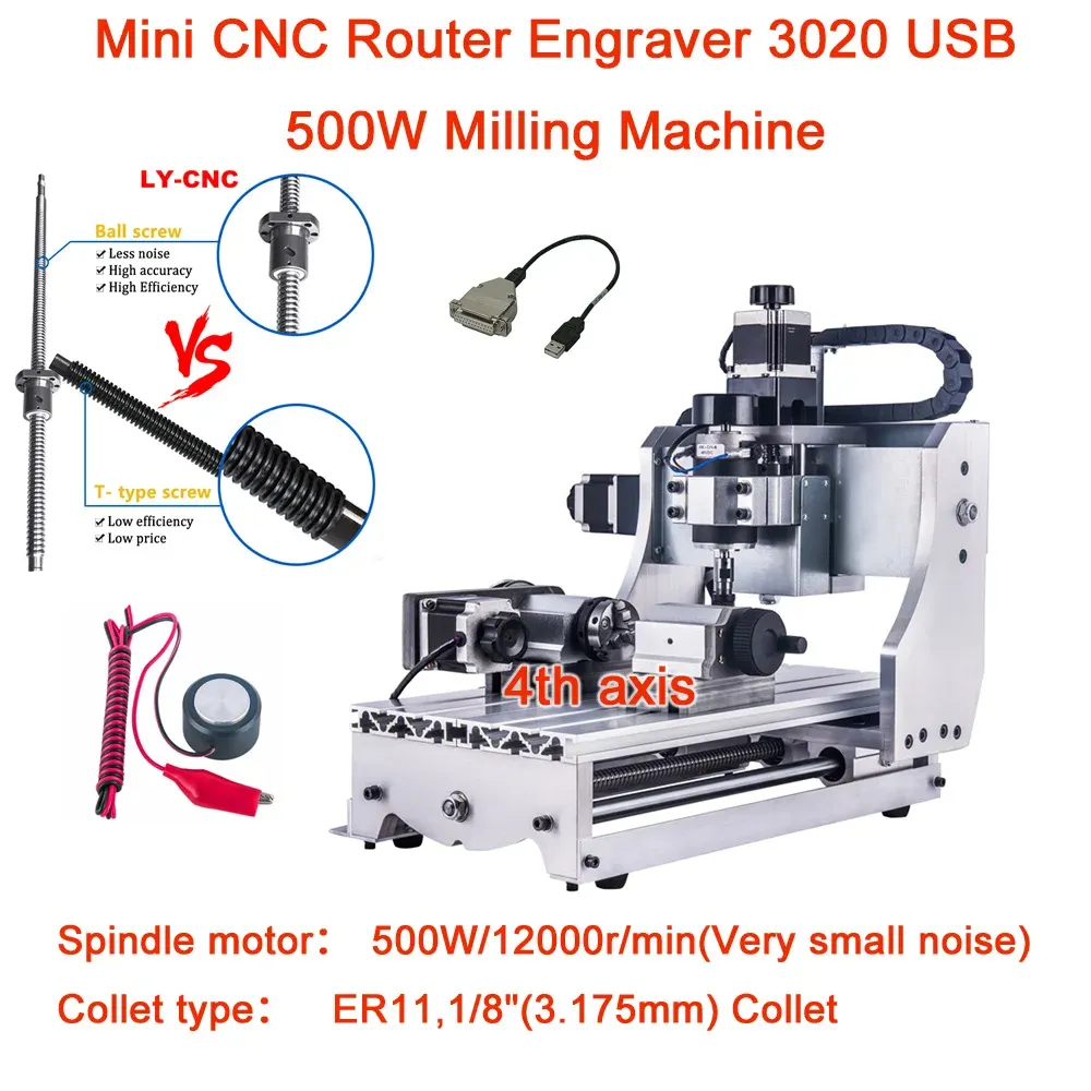 CNCルーター彫刻マシン経済的実用3020 500W 3/4軸PCBミリングカッター無料ツール自動車チェックツールUSB/LPT