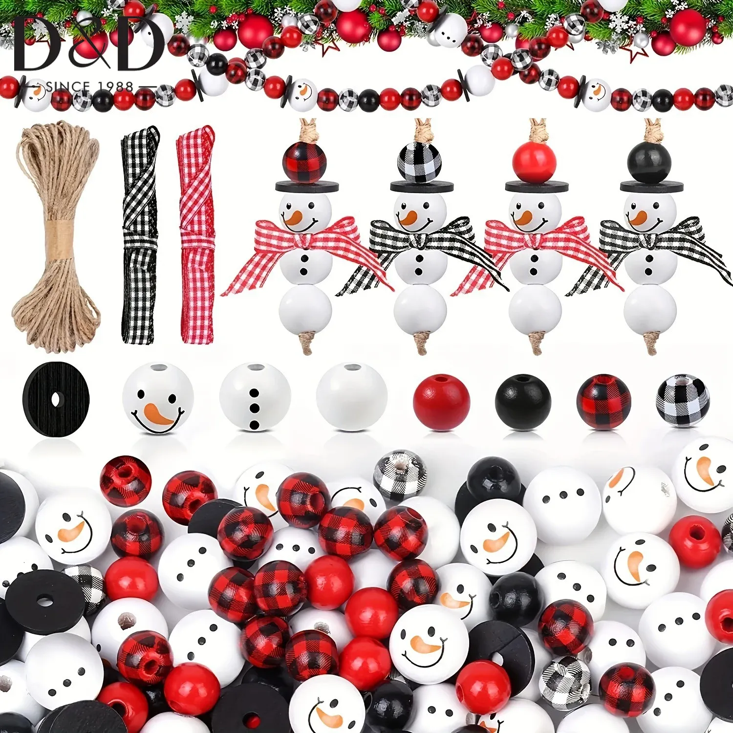 Crafts 80Pcs/Set Christmas Snowman Plaid Wooden Beads Kit Christmas Print Wooden Beads With DIY Twine Scarf Wooden Beads