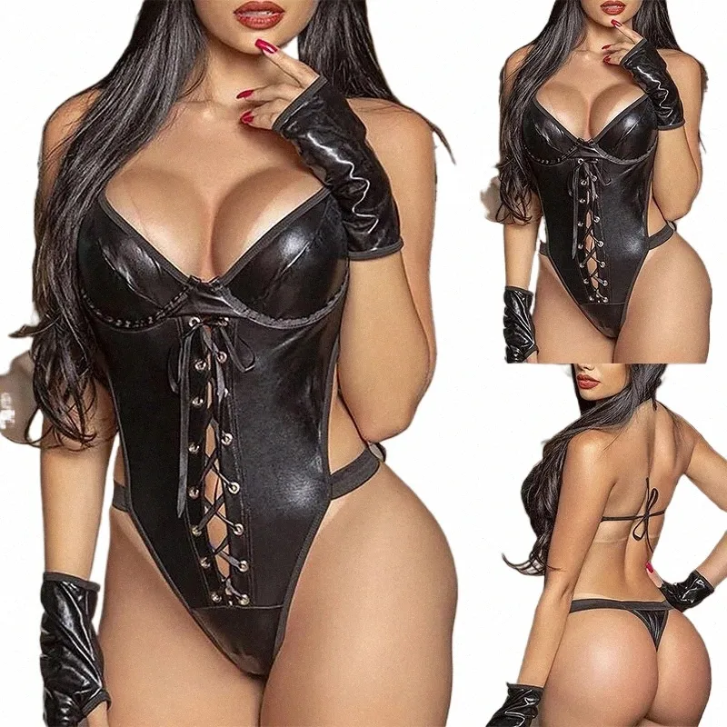 Latex Leather Hollow Corsetti Lingerie erotica Donna Costumi Cosplay Set Deep V Backl Teddy Body Gioco di ruolo Costume Set I8vV #