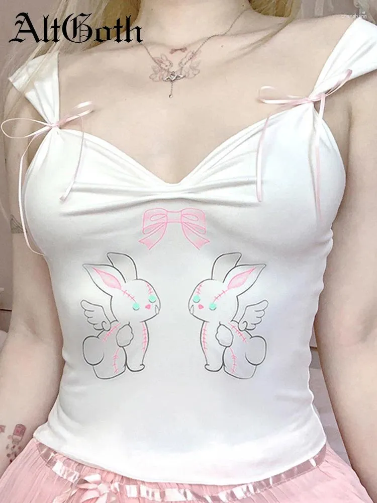 Tanks pour femmes AltGoth Sweet Cute Ribbit Vest Femmes Pastel Goth Y2K E-Girl Imprimé Bow Lace-Up Crop Tank Top Streetwear Kawaii Indie Vêtements