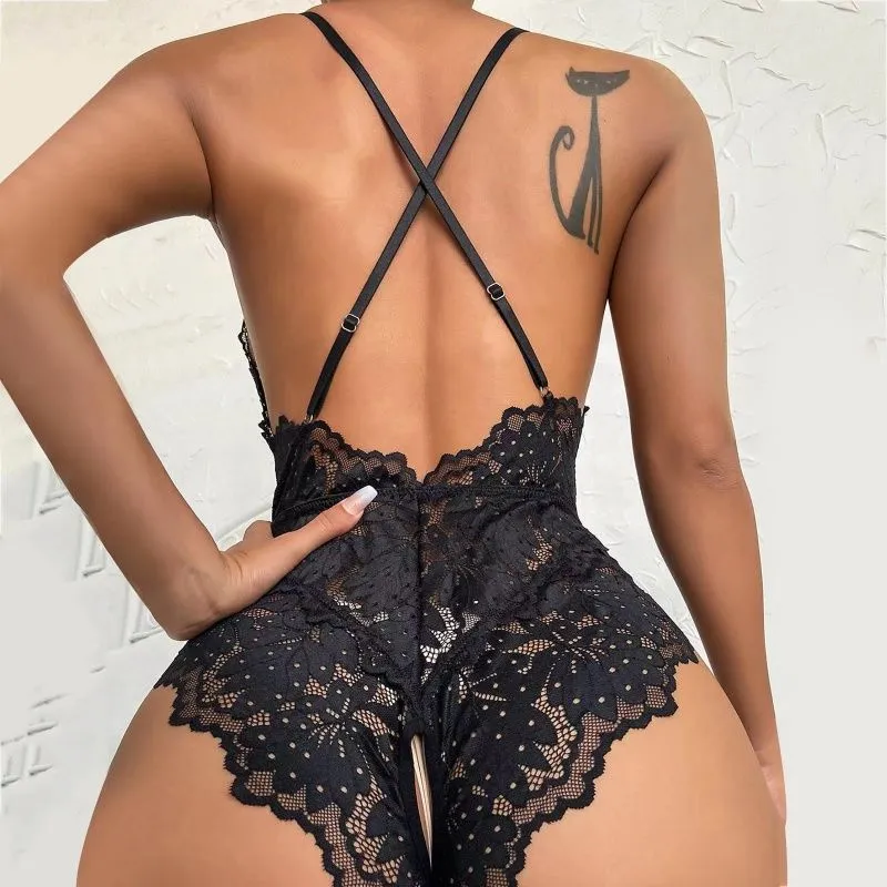 Sexy Pyjamas Crotchless Female Black Lingerie Lace Women Hollow Bra Set Erotic Costumes Teddy Dress Deep V Porn Underwear