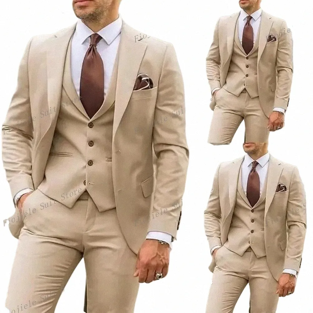 Khaki Men Suit Busin Groommsman حفل زفاف 3 قطع مجموعة Ocns tuxedo سترة سترة سروال F05 73pd#