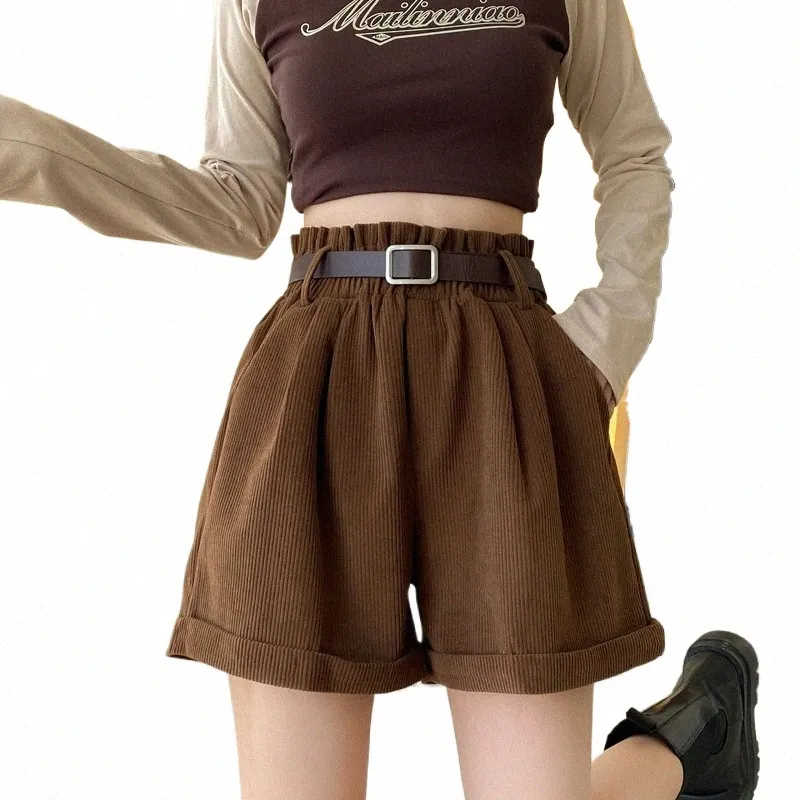 Autumn Winter Woman Corduroy Shorts With Belt 2023 Elastic midja Löst Crim Vintage Short Pants For Boots L4ft#