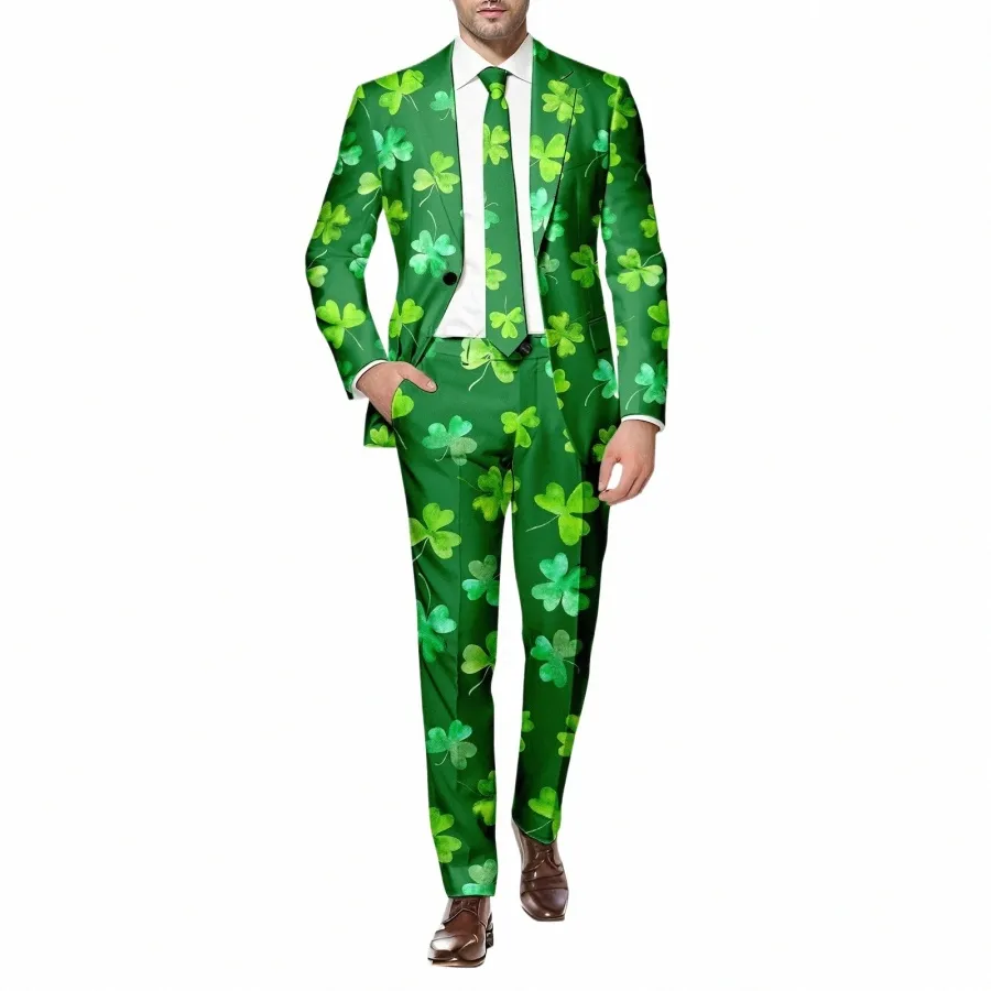 men Two Piece St. Patrick'S Day Printed Suit Lg Sleeve Butt Coat And Pants Multi Pockets Suit Holiday Party Events Clothes F5uA#