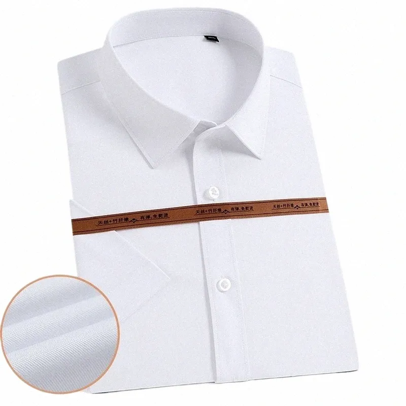 2023 Ir Free Bamboo Fiber Slim Daily Mens Butt Up Shirt Short Sleeve Casual Pure Color Profial White Shirt Wear q7KC#