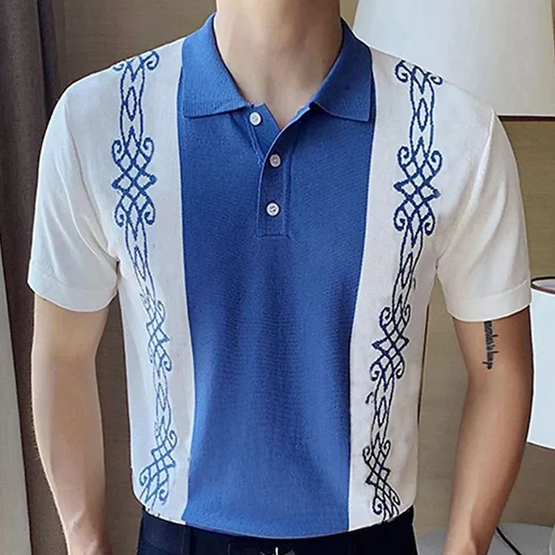 Streetwear Mens dzianina Slim Polo Shirt Short Rleeve Button Knit Knot Polo koszule Męs