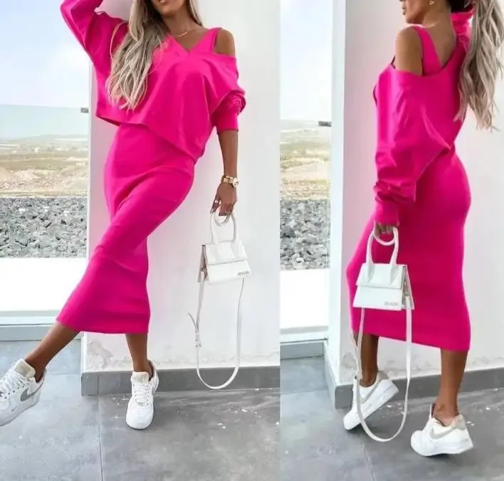 Kvinnor kjolar sätter mode ärmlös klänning Deep Vneck Sweatshirt Kvinna Casual Dresses Two Piece Suit Outfits For Women 240323